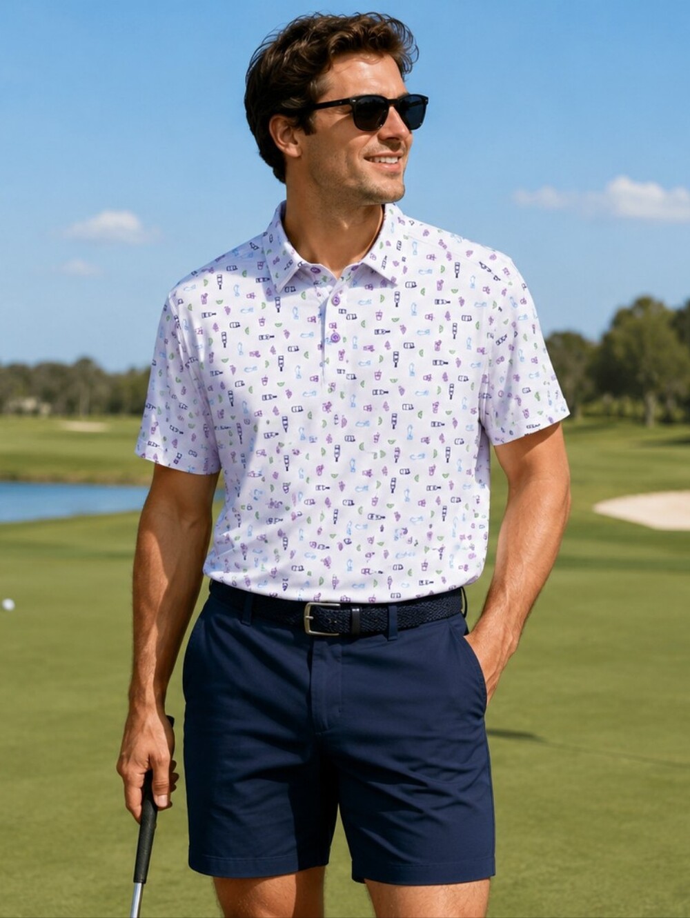 U Suck at Golf Polo Novelty White Cocktail Wine Print Size S